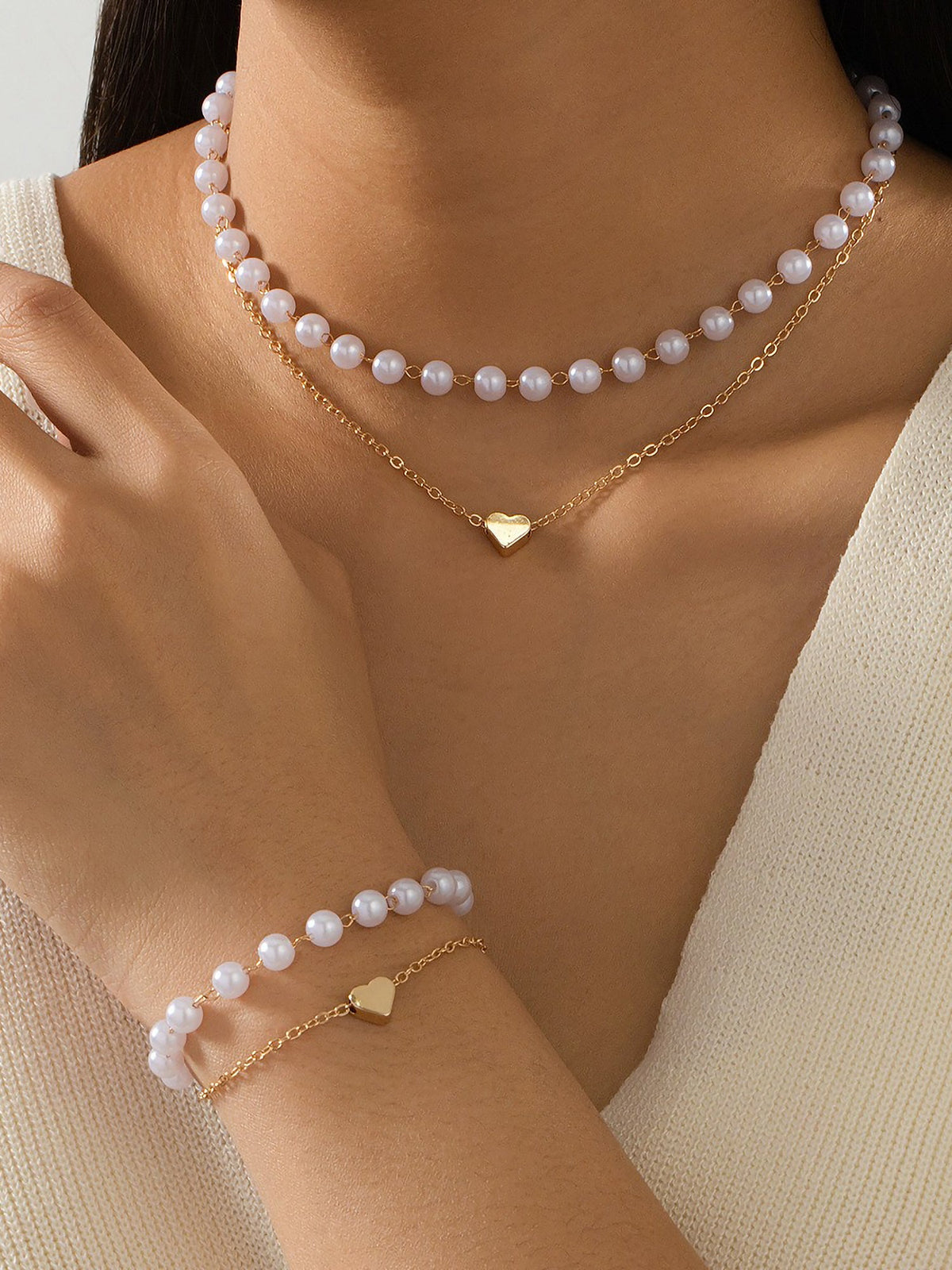 2 Pcs Faux Pearl Heart Shape Pendant Necklace Bracelet Set