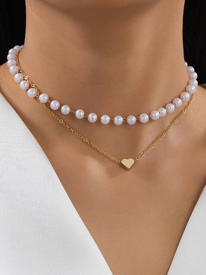 2 Pcs Faux Pearl Heart Shape Pendant Necklace Bracelet Set