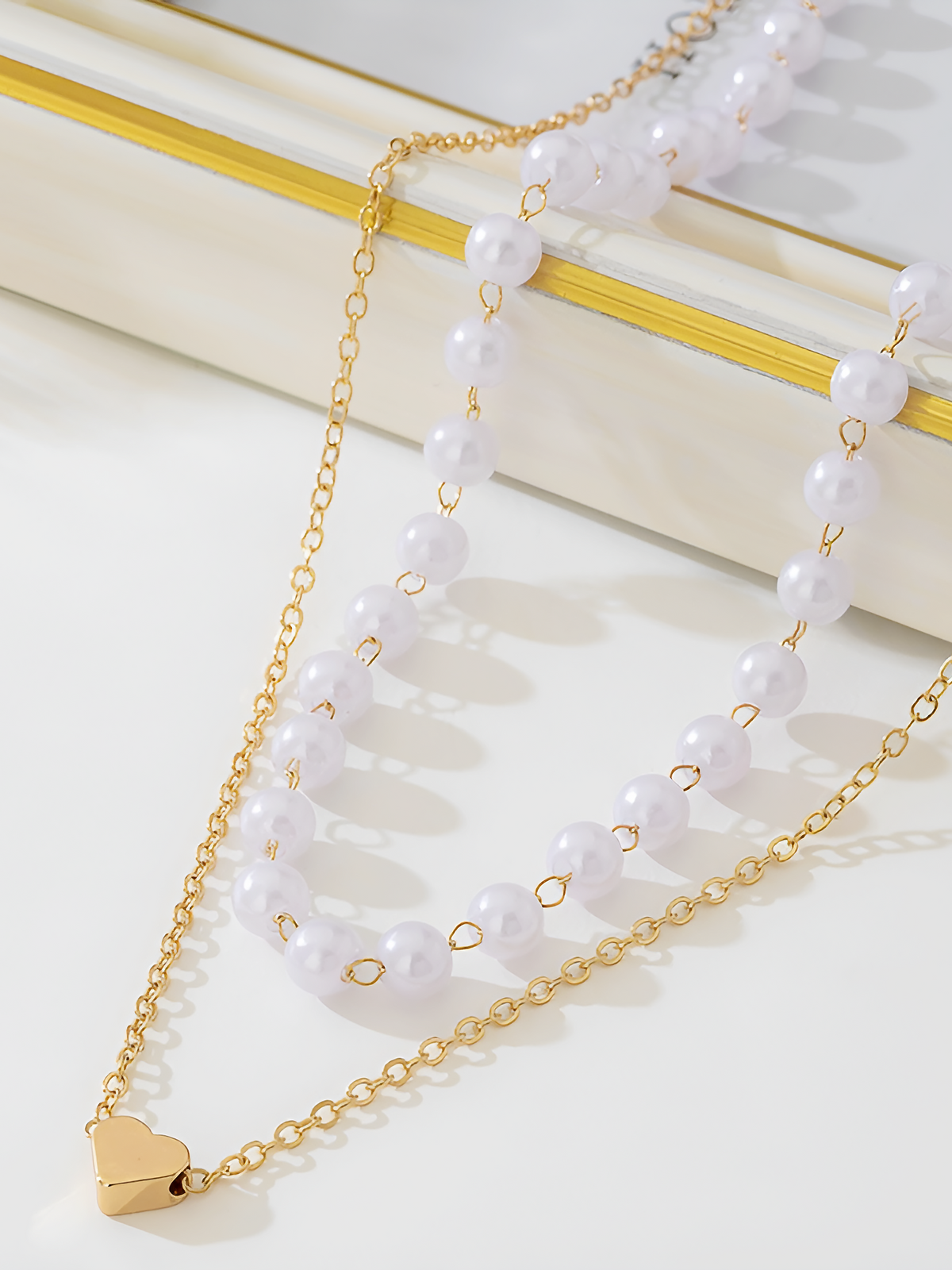 2 Pcs Faux Pearl Heart Shape Pendant Necklace Bracelet Set