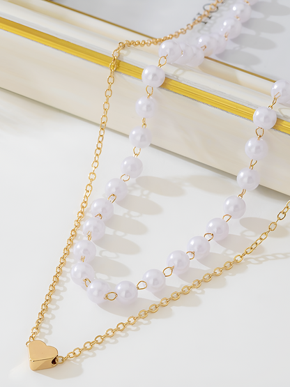 2 Pcs Faux Pearl Heart Shape Pendant Necklace Bracelet Set