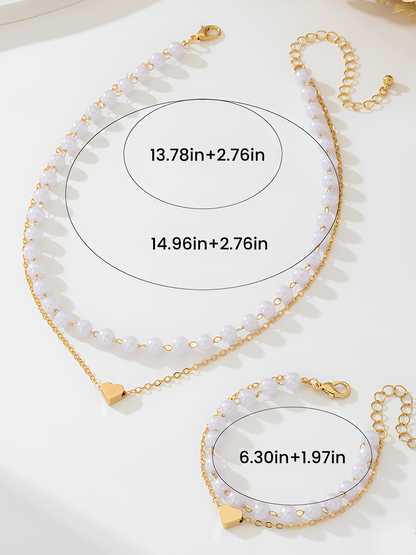 2 Pcs Faux Pearl Heart Shape Pendant Necklace Bracelet Set
