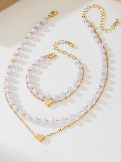 2 Pcs Faux Pearl Heart Shape Pendant Necklace Bracelet Set