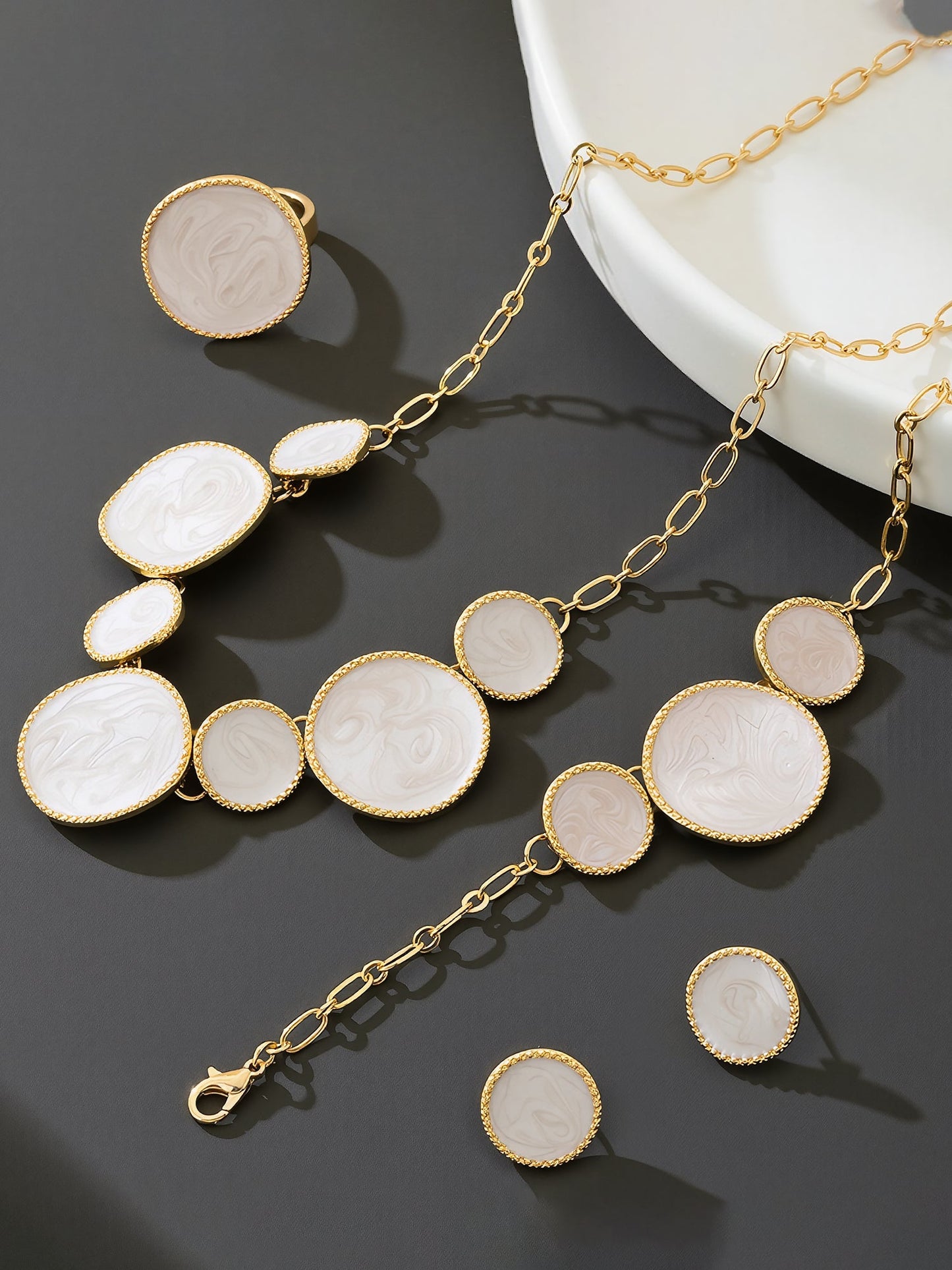 4 Pcs Irregular Round Shape Bracelet Necklace Earrings Ring Set