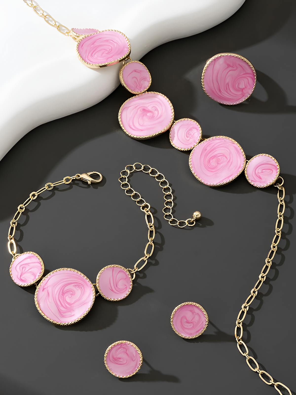 4 Pcs Irregular Round Shape Bracelet Necklace Earrings Ring Set