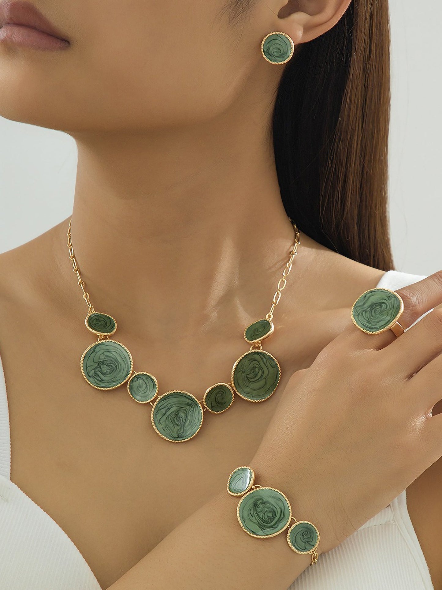 4 Pcs Irregular Round Shape Bracelet Necklace Earrings Ring Set