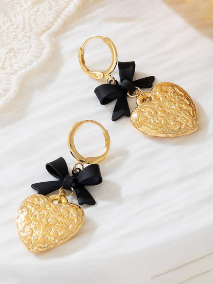 Bow Alloy Heart Shape Pendant Huggie Earrings