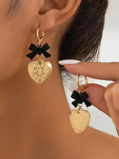 Bow Alloy Heart Shape Pendant Huggie Earrings