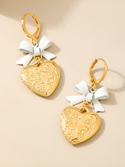 Bow Alloy Heart Shape Pendant Huggie Earrings