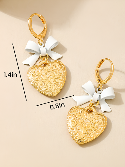 Bow Alloy Heart Shape Pendant Huggie Earrings
