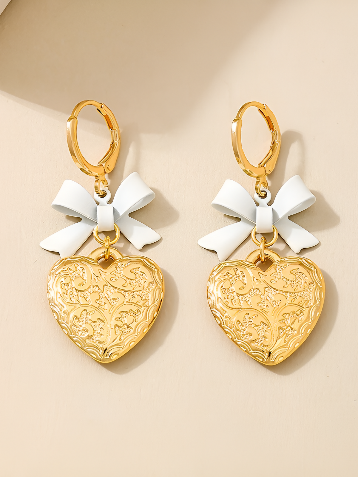 Bow Alloy Heart Shape Pendant Huggie Earrings