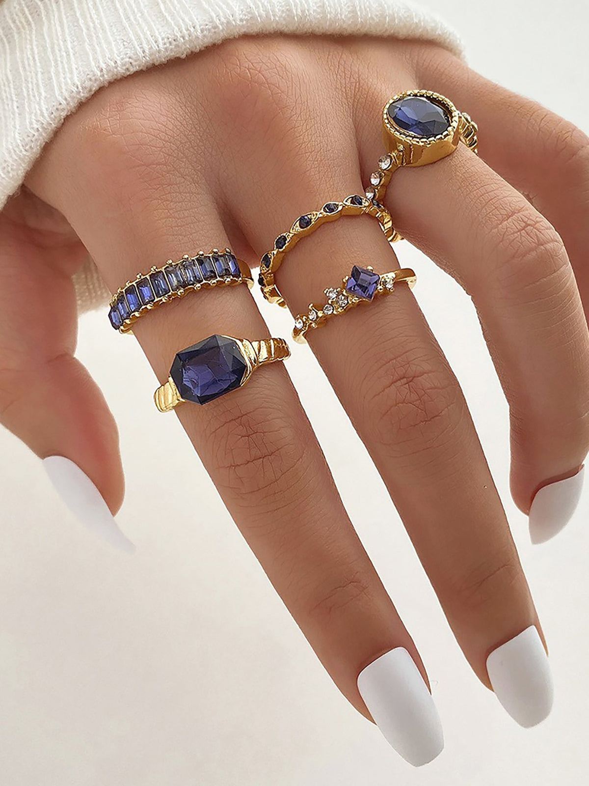 5 Pcs Faux Rhinestone Alloy Rings Set