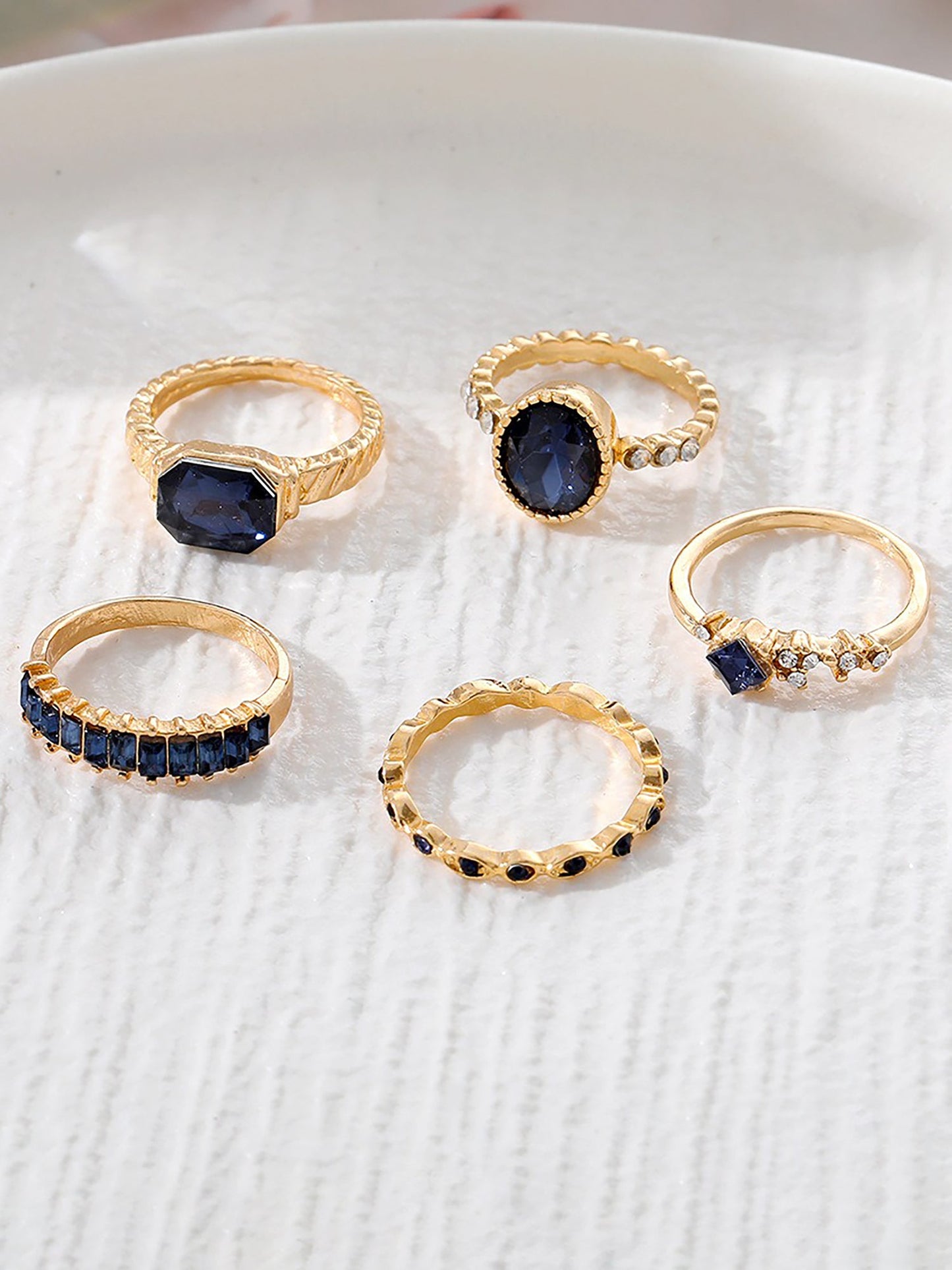 5 Pcs Faux Rhinestone Alloy Rings Set