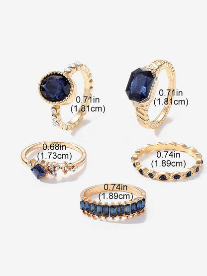 5 Pcs Faux Rhinestone Alloy Rings Set