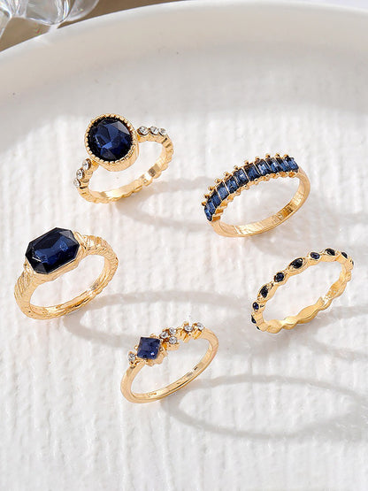 5 Pcs Faux Rhinestone Alloy Rings Set