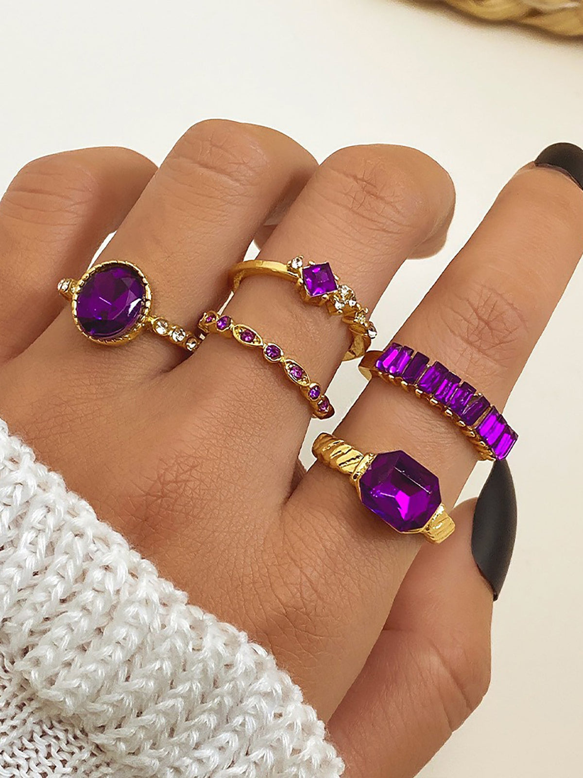 5 Pcs Faux Rhinestone Alloy Rings Set