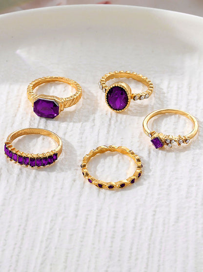 5 Pcs Faux Rhinestone Alloy Rings Set
