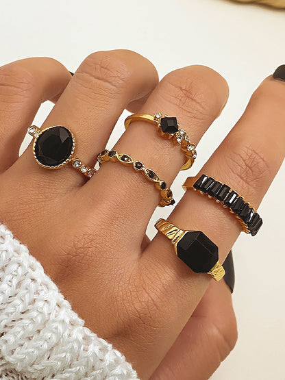 5 Pcs Faux Rhinestone Alloy Rings Set