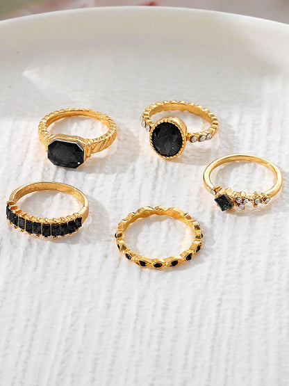 5 Pcs Faux Rhinestone Alloy Rings Set