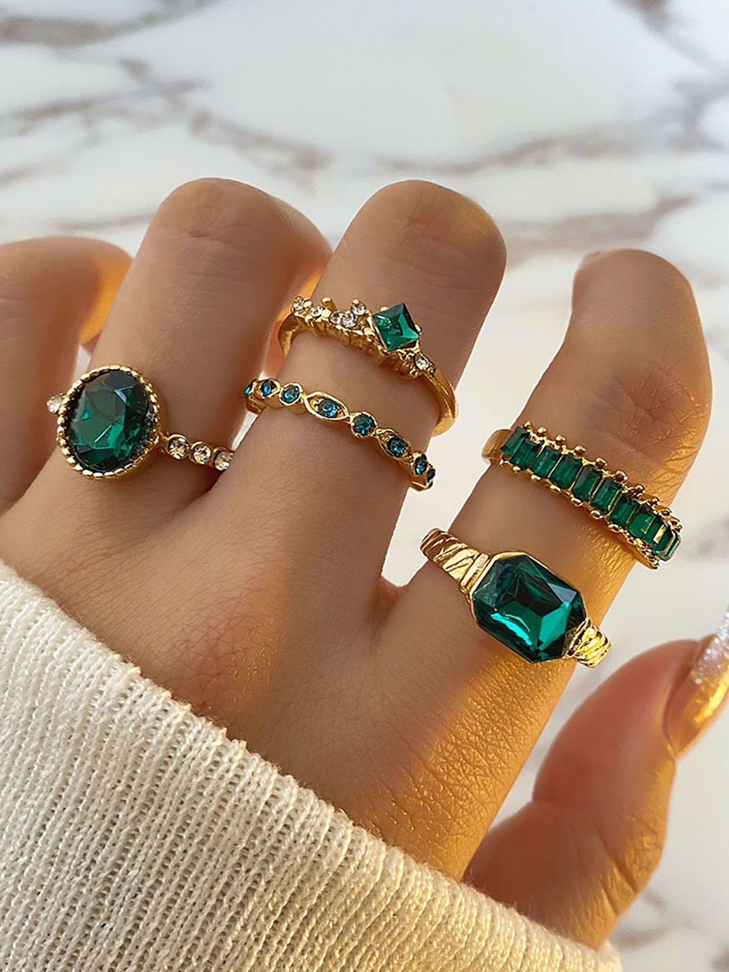 5 Pcs Faux Rhinestone Alloy Rings Set