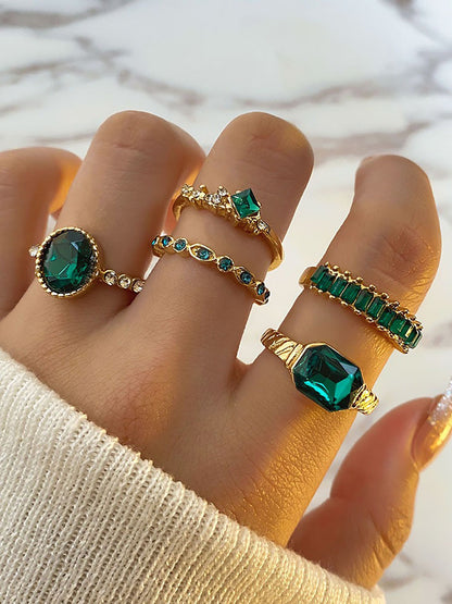 5 Pcs Faux Rhinestone Alloy Rings Set