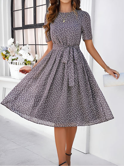 Casual Polka Dot Lace-Up Midi A-Line Dress