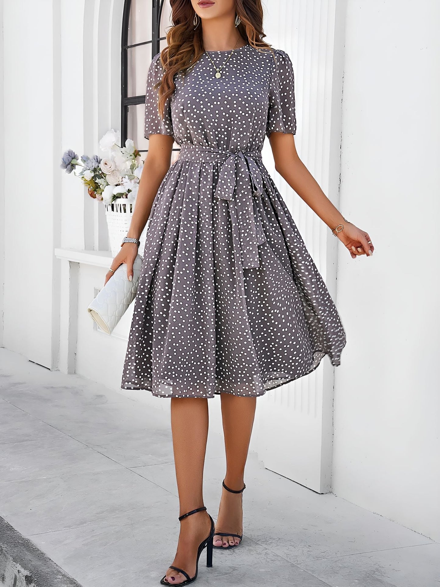 Casual Polka Dot Lace-Up Midi A-Line Dress