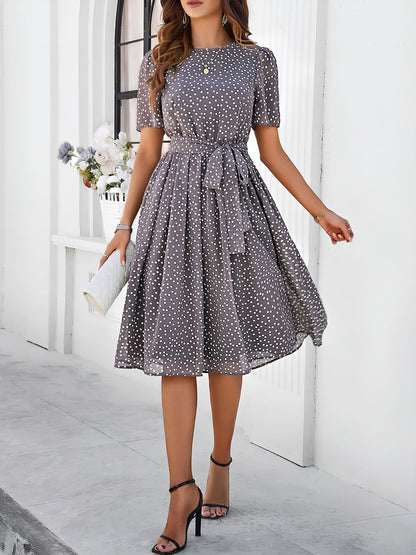 Casual Polka Dot Lace-Up Midi A-Line Dress