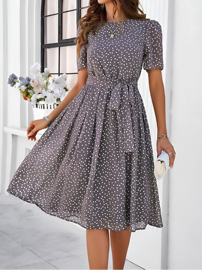 Casual Polka Dot Lace-Up Midi A-Line Dress