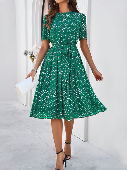 Casual Polka Dot Lace-Up Midi A-Line Dress