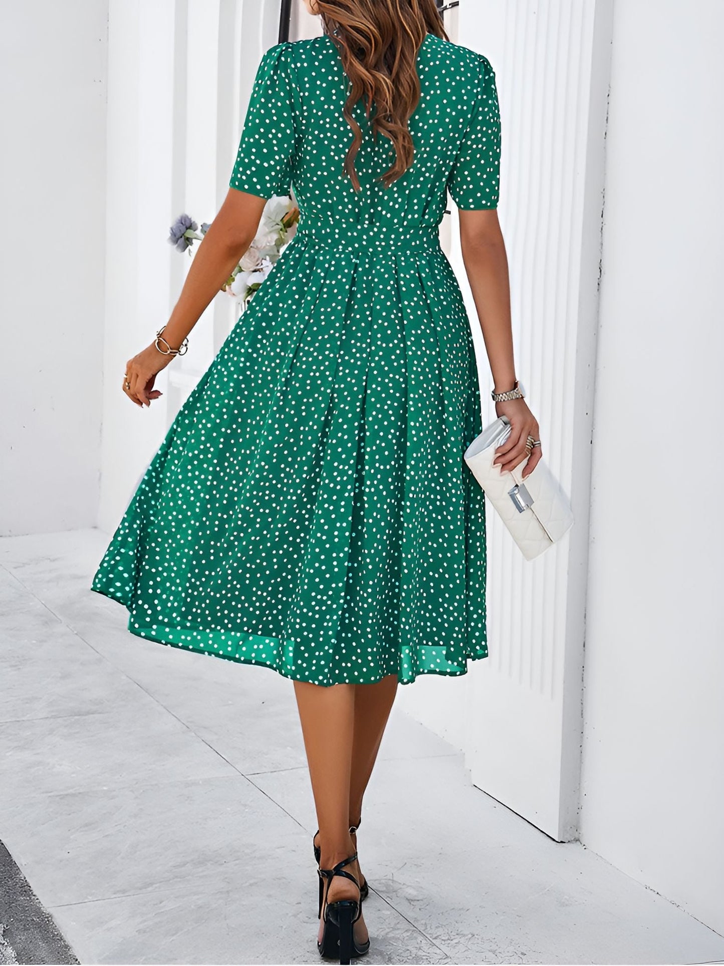 Casual Polka Dot Lace-Up Midi A-Line Dress