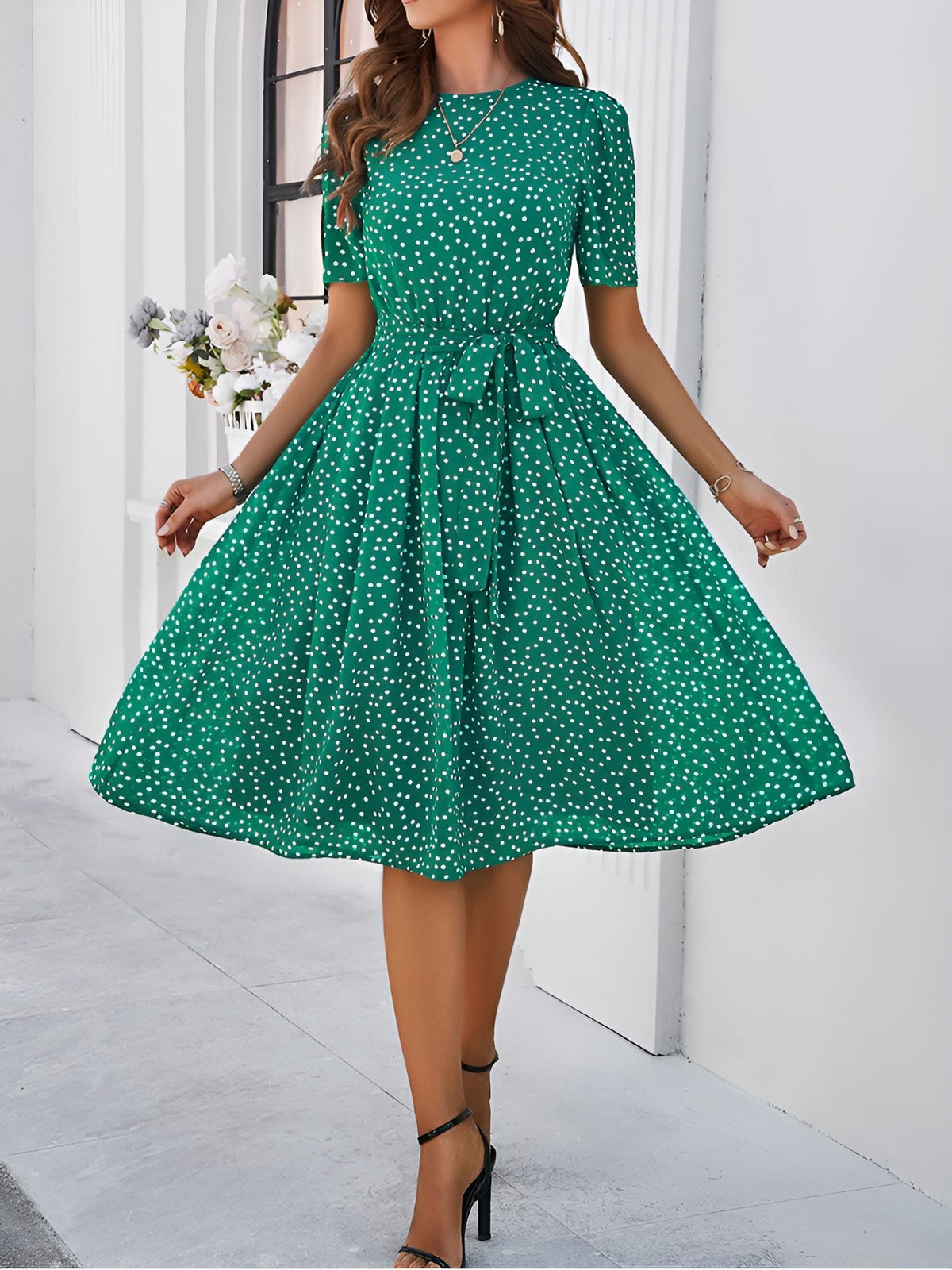 Casual Polka Dot Lace-Up Midi A-Line Dress