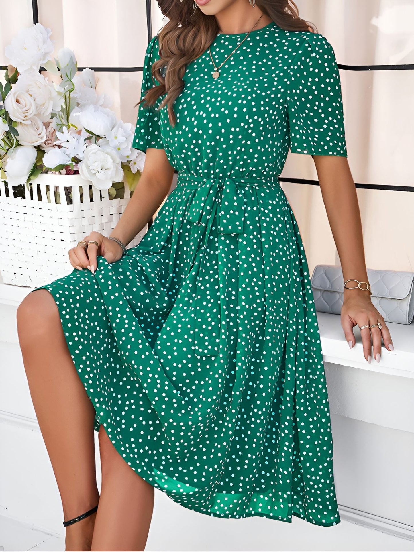 Casual Polka Dot Lace-Up Midi A-Line Dress
