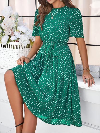 Casual Polka Dot Lace-Up Midi A-Line Dress