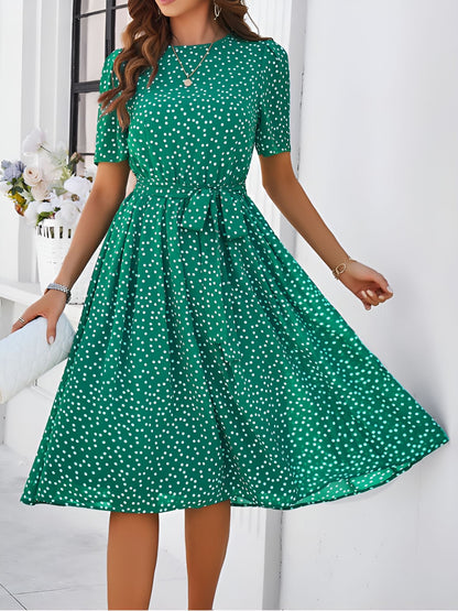 Casual Polka Dot Lace-Up Midi A-Line Dress