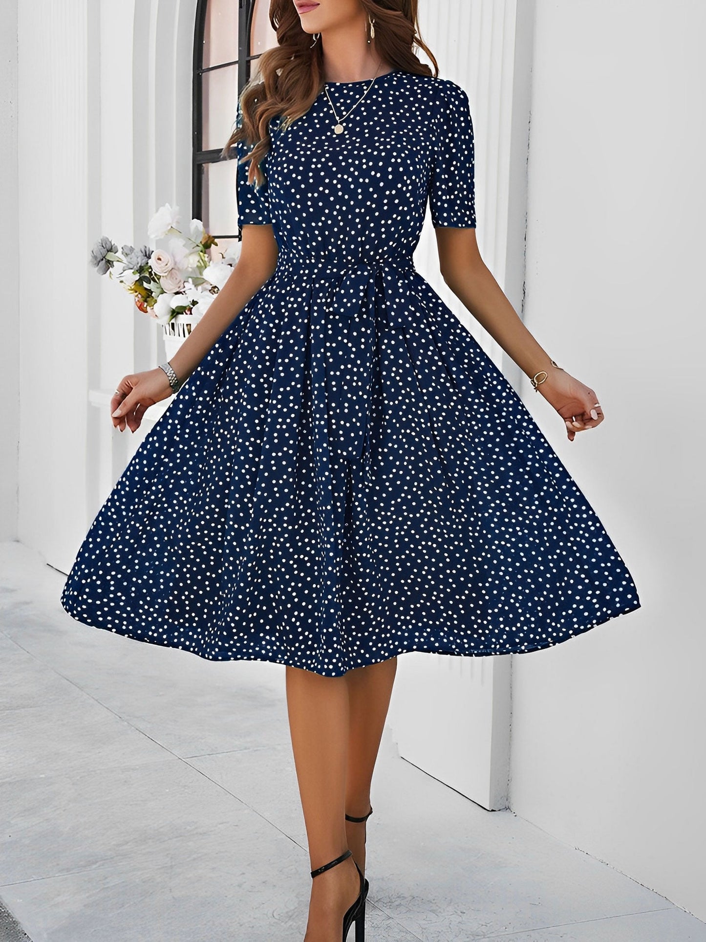 Casual Polka Dot Lace-Up Midi A-Line Dress