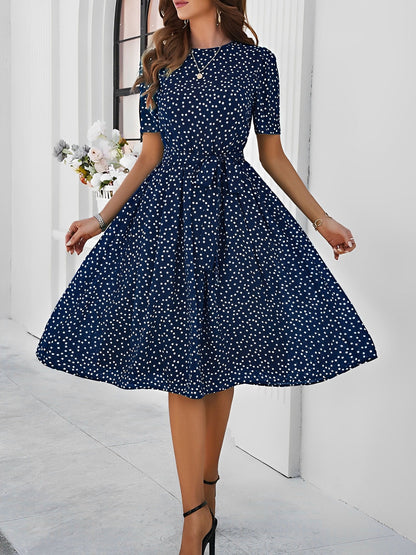 Casual Polka Dot Lace-Up Midi A-Line Dress