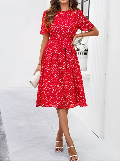 Casual Polka Dot Lace-Up Midi A-Line Dress