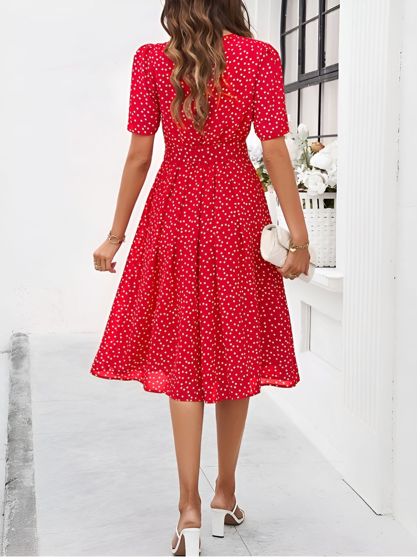 Casual Polka Dot Lace-Up Midi A-Line Dress