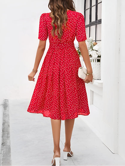 Casual Polka Dot Lace-Up Midi A-Line Dress
