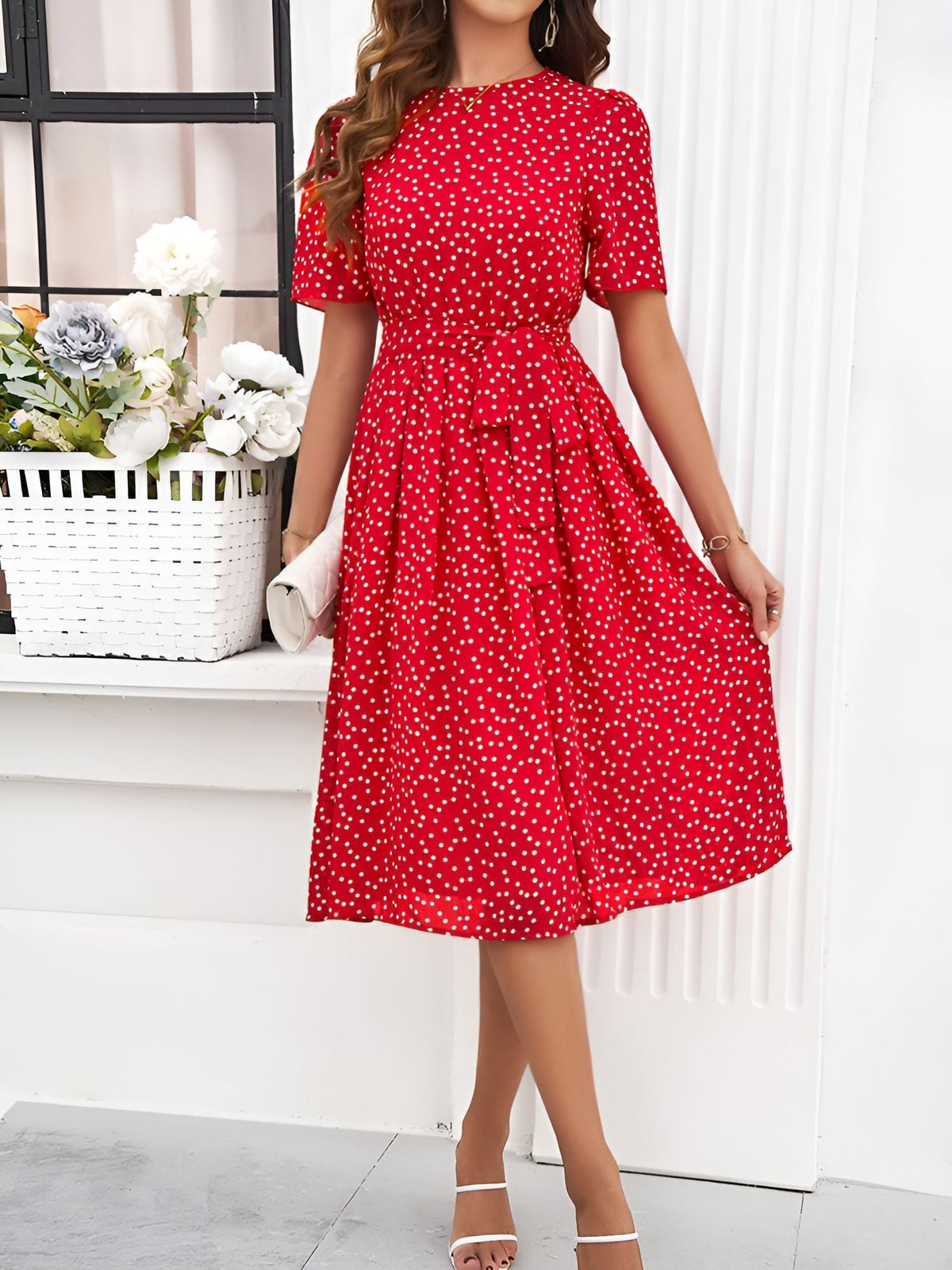 Casual Polka Dot Lace-Up Midi A-Line Dress