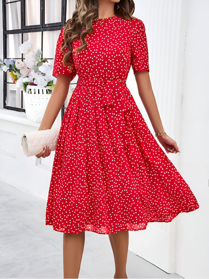 Casual Polka Dot Lace-Up Midi A-Line Dress