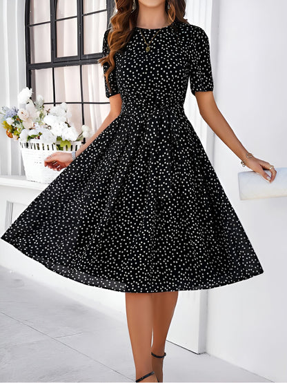 Casual Polka Dot Lace-Up Midi A-Line Dress