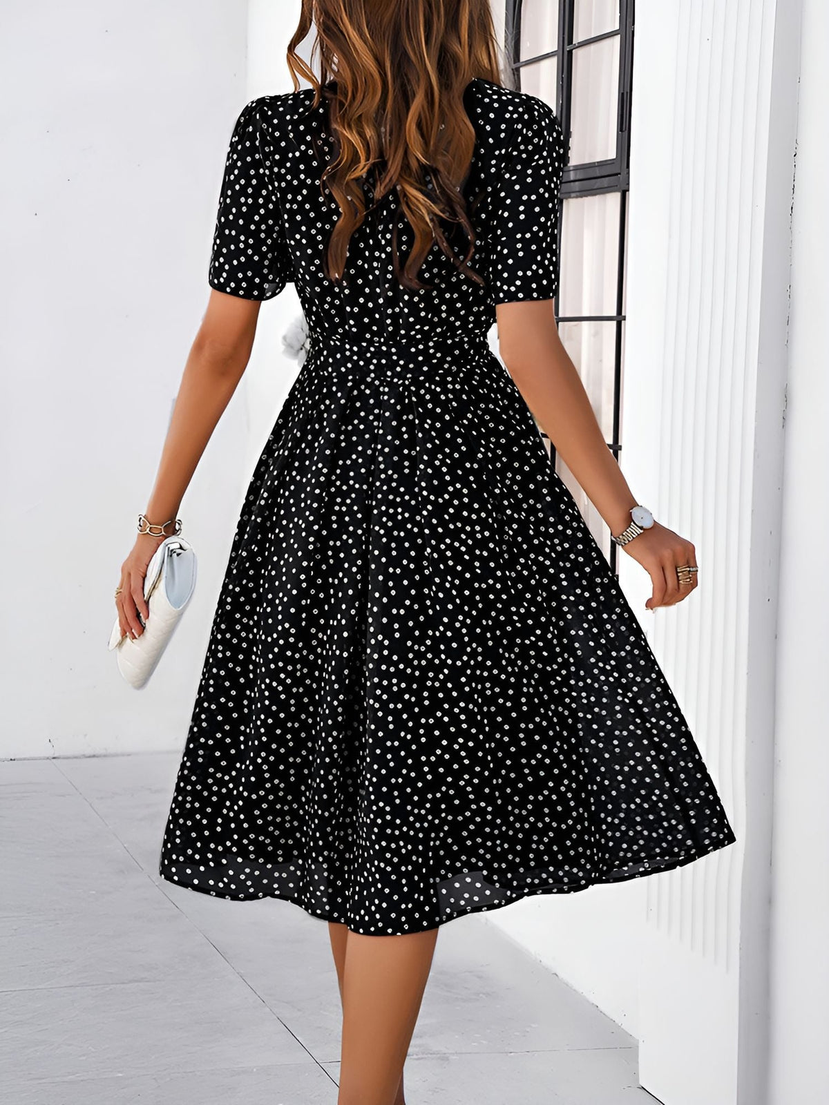 Casual Polka Dot Lace-Up Midi A-Line Dress