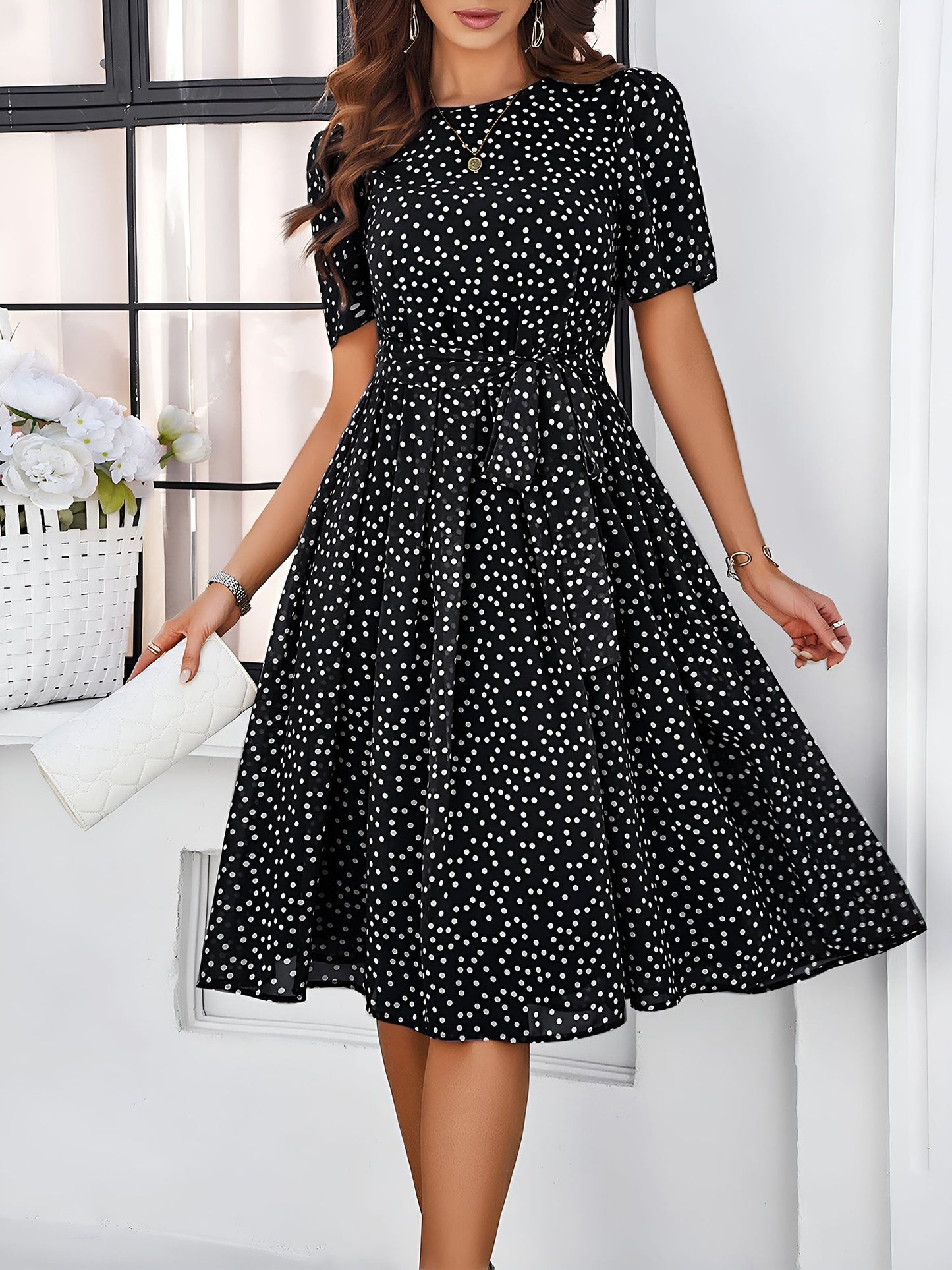 Casual Polka Dot Lace-Up Midi A-Line Dress