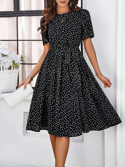 Casual Polka Dot Lace-Up Midi A-Line Dress