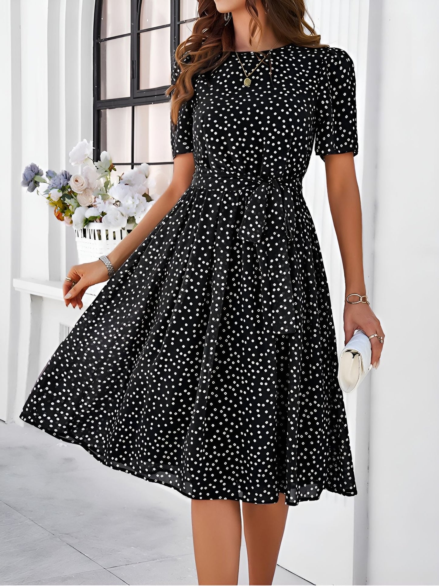 Casual Polka Dot Lace-Up Midi A-Line Dress