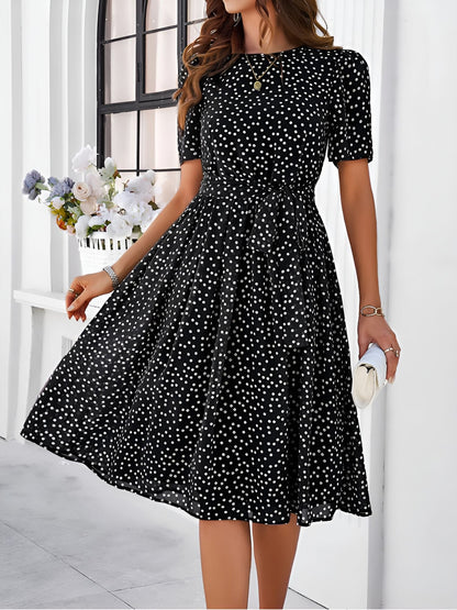 Casual Polka Dot Lace-Up Midi A-Line Dress