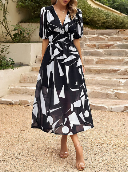 Deep V Neck Puff Sleeves Graphic A-Line Midi Dress