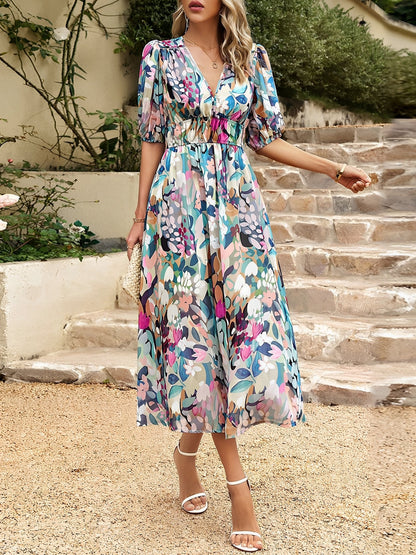 Deep V Neck Puff Sleeves Graphic A-Line Midi Dress