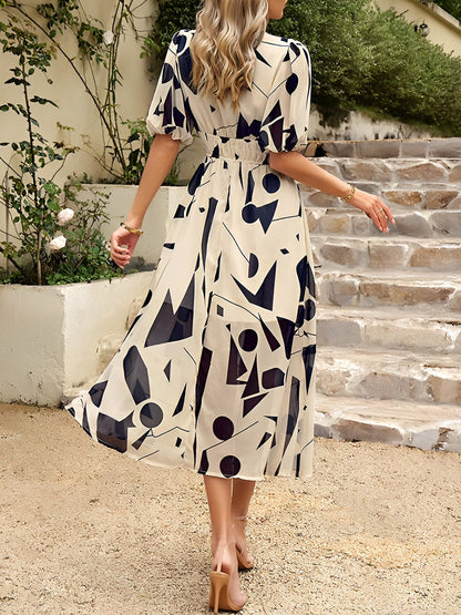Deep V Neck Puff Sleeves Graphic A-Line Midi Dress